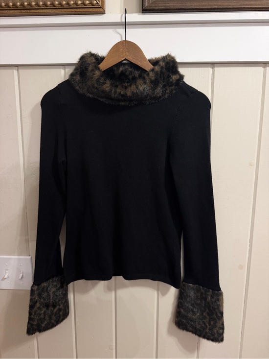 INC International Concepts Sweaters - Vintage INC Black Sweater with Leopard Faux-Fur Trim, Size Small